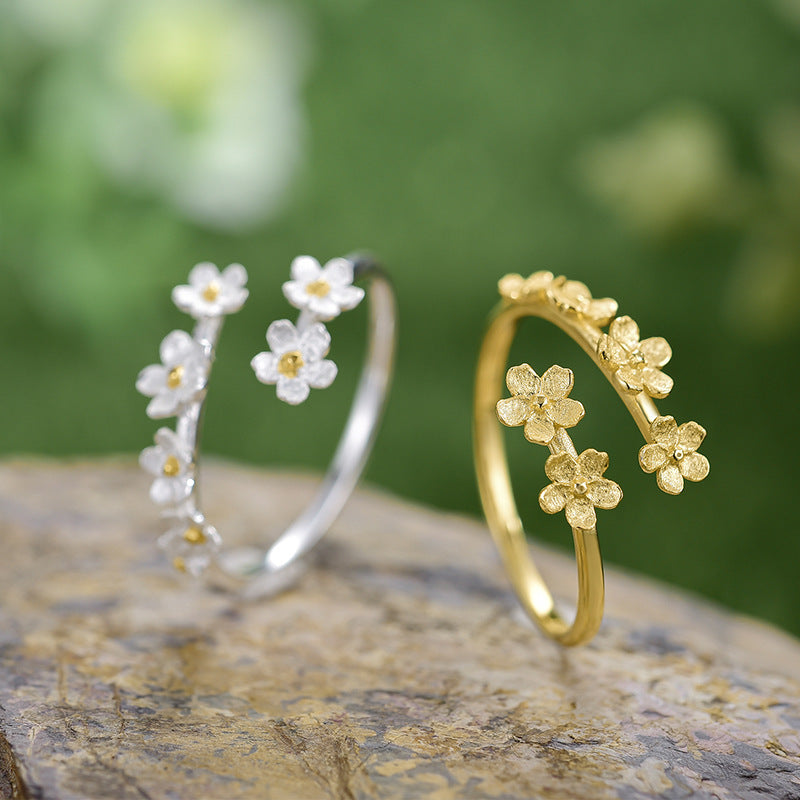 Sterling Silver Plated Open Ring with Forget-Me-Not Flower Design