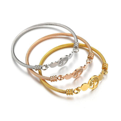 Stainless Steel Hollowed Life Tree Open Cuff Bracelet & Braided Bangle Set