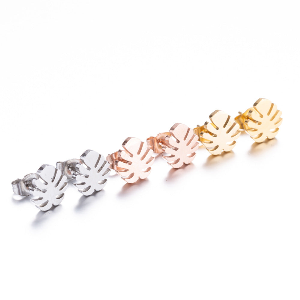 Women's Palm Tree & Leaf Stainless Steel Earrings - Minimalist Studs