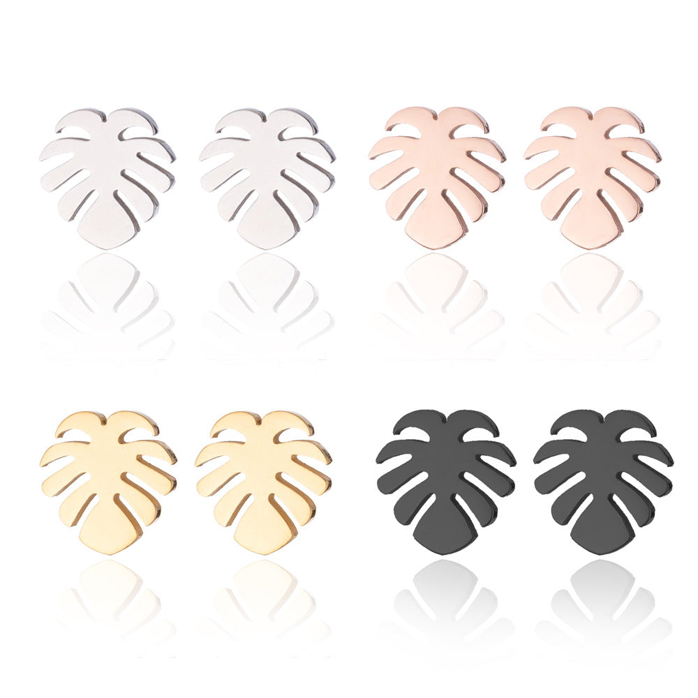 Women's Palm Tree & Leaf Stainless Steel Earrings - Minimalist Studs