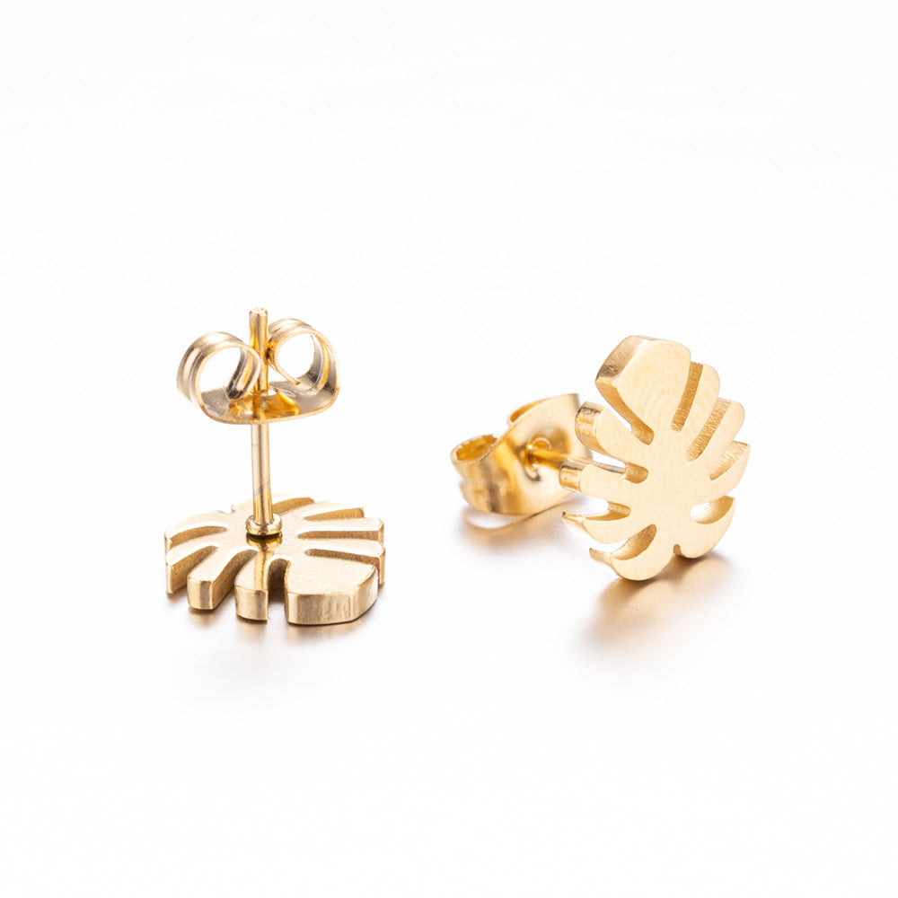 Women's Palm Tree & Leaf Stainless Steel Earrings - Minimalist Studs