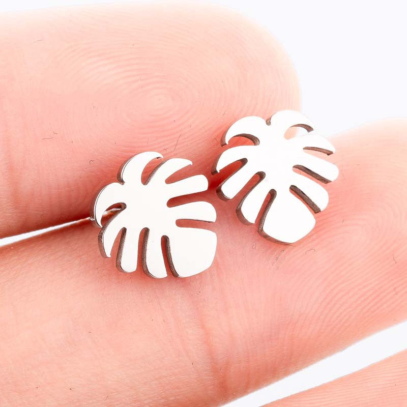 Women's Palm Tree & Leaf Stainless Steel Earrings - Minimalist Studs