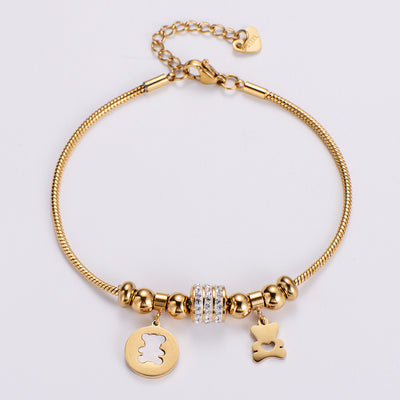 Women's Fashion Bear Charm Rhinestone Stainless Steel Bracelet