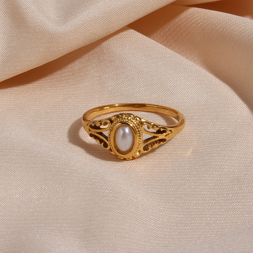 Women's Geometric Stainless Steel Pearl Ring with Gold Plated Design