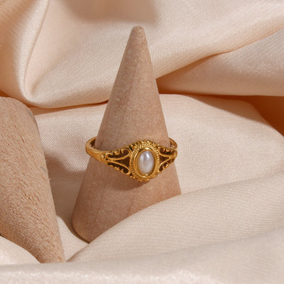 Women's Geometric Stainless Steel Pearl Ring with Gold Plated Design