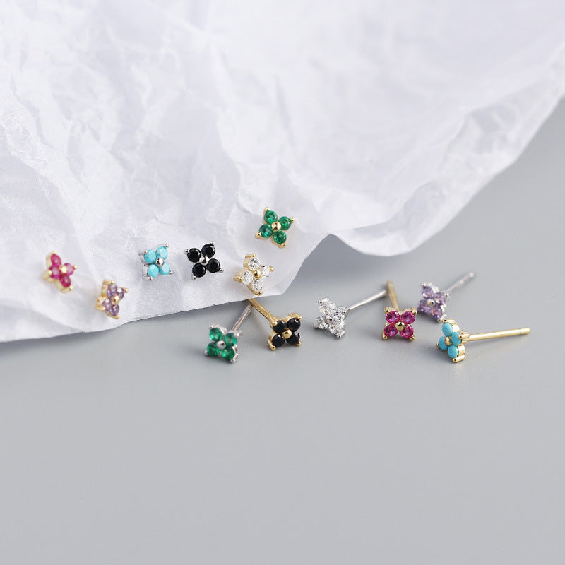 Yhe0297 Europe And America Cross Border S925 Sterling Silver Ins Four-Leaf Flower Sweet And Small Stud Earrings Colorful Flower Earrings For Women