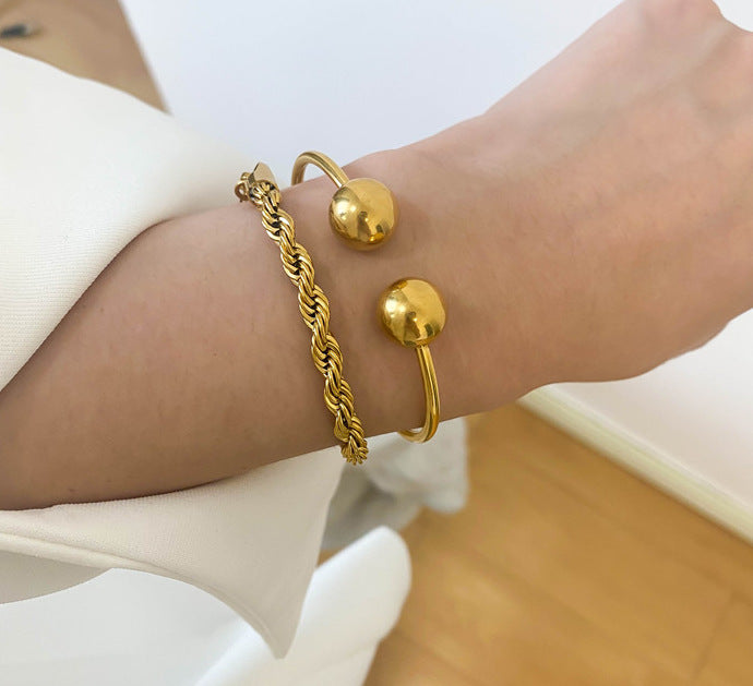 French Style Retro Solid Metal Beads Open Bracelet in 18K Gold Plated Titanium Steel