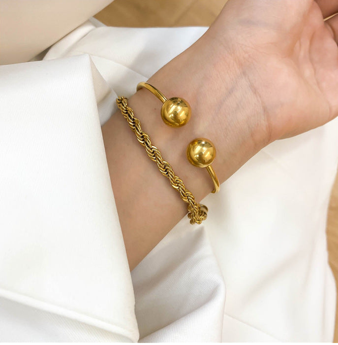 French Style Retro Solid Metal Beads Open Bracelet in 18K Gold Plated Titanium Steel